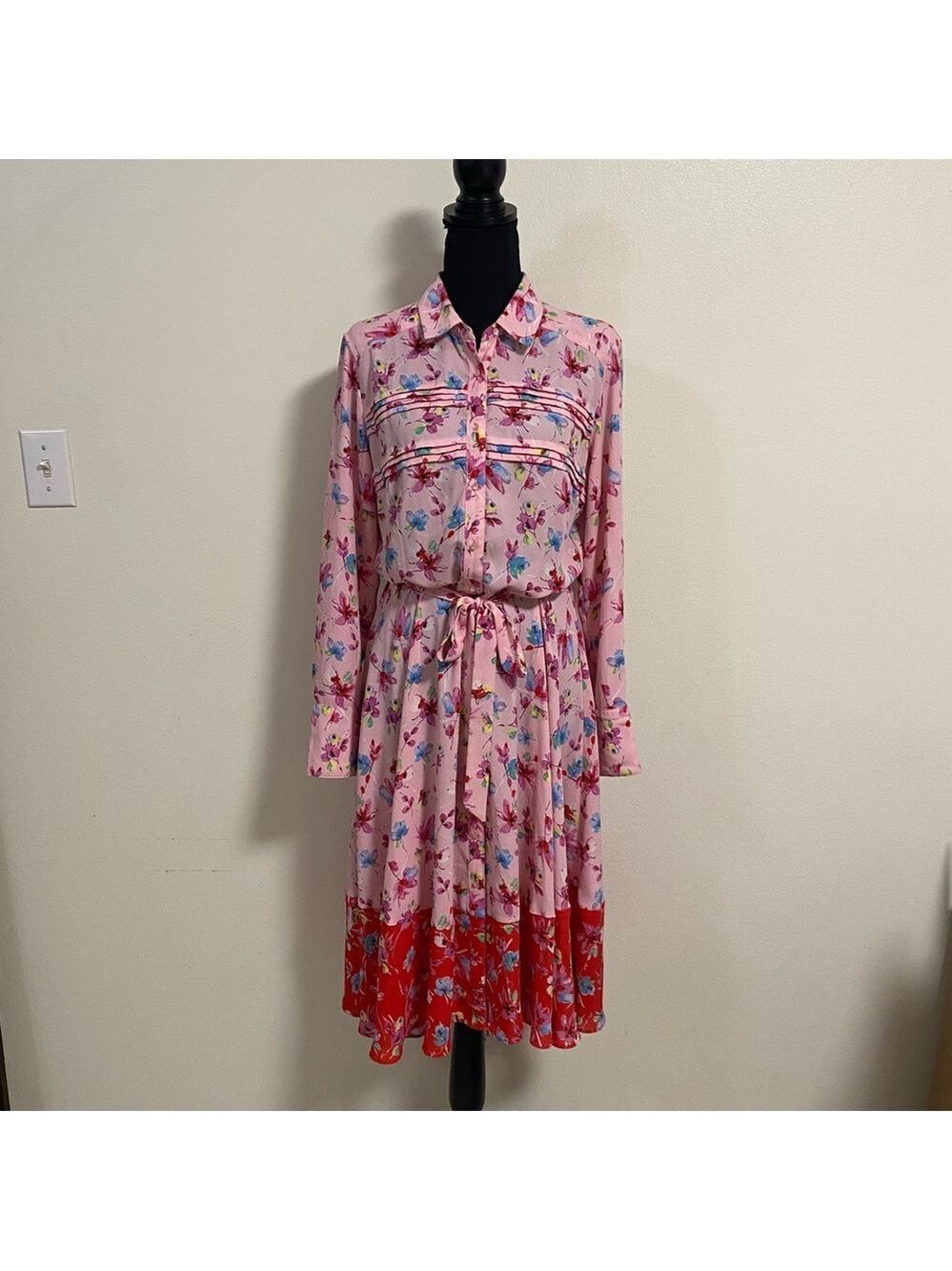 Nanette Lepore Dress Women’s Size 8 Pink Floral chiffon Shirt Dress Midi
